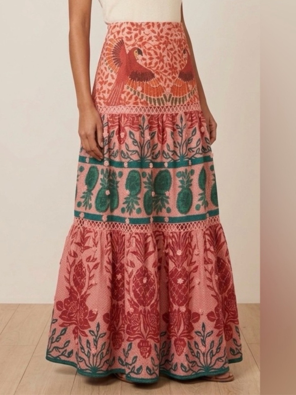 NWOT Farm Rio Ainiki Pink Parrot Maxi Skirt with Belt. Size XL